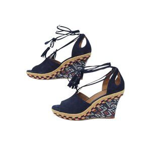 Cabi Isla Espadrille Wedge Sandals Womens 8 M Ankle Wrap Navy Suede Aztec 6001
